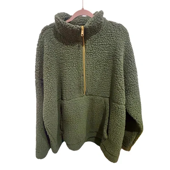 Aerie Sherpa Teddy Fleece Half Zip Pullover Hoodie Forest Green XXL Sweatshirt - Picture 1 of 7